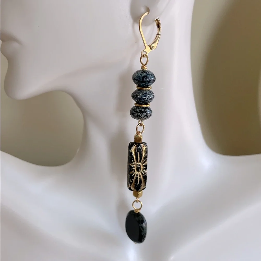 HAND CRAFTED CZECH GLASS EARRINGS Black Gold Long Bohemian Dangles